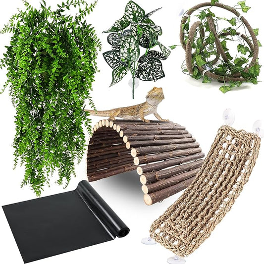 RUNANIA Bearded Dragon Tank Accessories, Reptile Mat Hammock Plants Bridge Jungle Climber Vines Terrarium Decorations for Bearded Dragon Lizard Snake