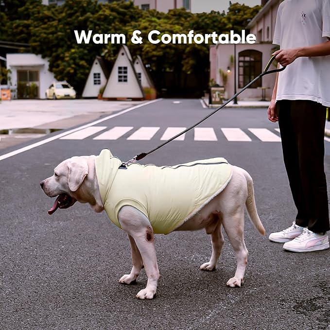 Vecomfy Fleece Lining Dog Hoodie with Harness Built in,Extra Warm Large Dog Jacket in Winter Doggie Coats with Hooded,Light Yellow XXL