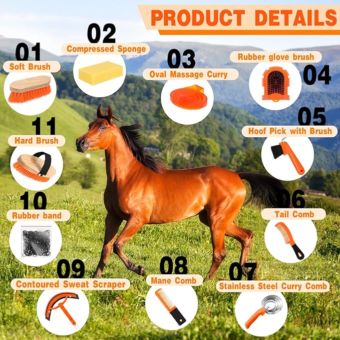 Abbylike 12 Pieces Horse Grooming Kit with Organizer Tote Bag Tack Room Supplies Horse Brush Sets Equine Care Cleaning Kit Shedding Grooming Massaging Tools(Orange)
