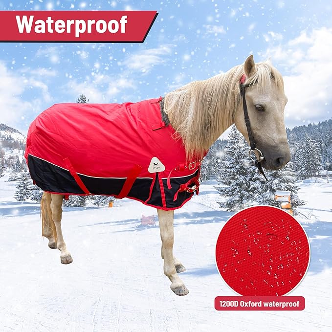 Horse Care Blanket Foal Mini Horse Size 47"-55" Winter 1200D Premium Turnout Horse Blanket with 220g Polyfill,Medium Weight Waterproof Sheets (Red, US 47 inch (EU 90 cm))