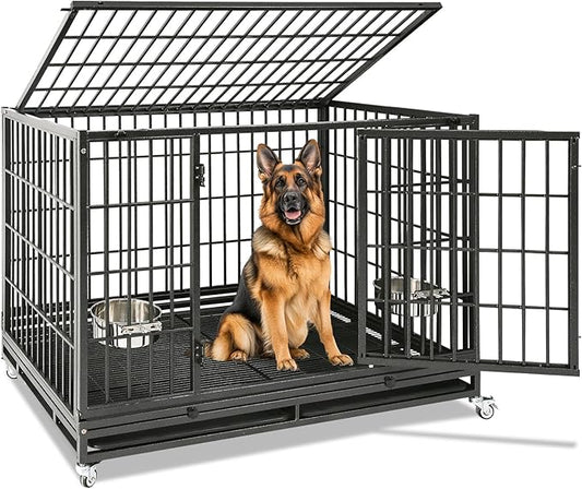 Homey Pet Large Dog Crates for Large Dogs, 47 Inch Heavy Duty Stackable Dog Cage with 2 Bowls, 4 Wheels, Double Removable Trays and Grids, Escape Proof Metal Wire Dogs Kennel Indoor
