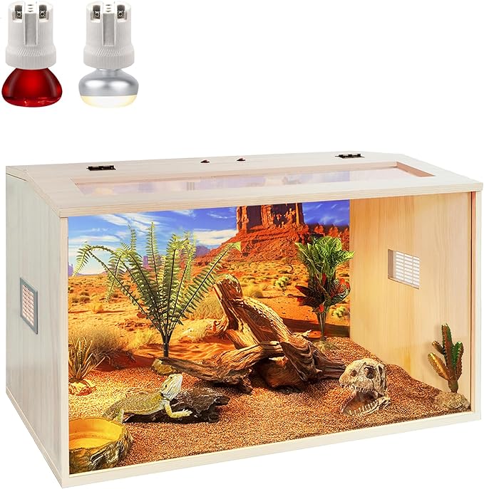 PROLEE Bearded Dragon Tank, Up to 81Gallon Reptile Enclosure, Tempered Glass Lizard Tank, Bearded Dragon Enclosure with Built-in Lamp Fixture for Chameleon (Wooden Roof, 30Gallons,24x15.5x15.5 Inch)