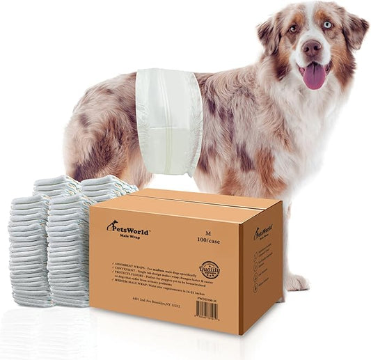 PetsWorld Dog Diapers Male Medium 100 Count Disposable Male Dog Wraps – Super Absorbent Belly Bands with Wetness Indicator, Fur-Friendly Adjustable Fit for Incontinence & Training (Waist 16–21 in)