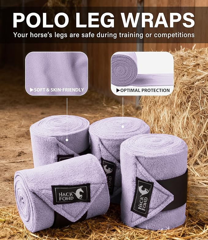Fleece Horse Polo Leg Wraps Set of 4, 10' Horse Leg Bandages Stable Supplies Equestrian Boots Pastel Lavendar
