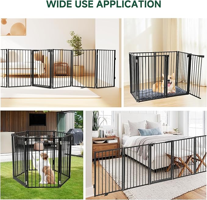 Snagle Paw Full Metal Freestanding Dog Gate with Door, 120” W x 32” H Pet Gate with Support Feet for Doorways, Stairs and Hallways, Portable Dog Fence for Indoor Use (32" 6 Panel, Black)