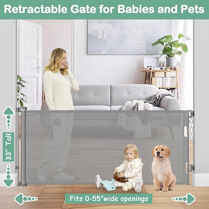 55 Inch Retractable Dog Gate Outdoor Scratch-Resistant Mesh Baby Gate for Stairs Retractable Baby Gates for Doorways Anti-Climb Outdoor Dog Gates for Decks Keep Kid/Pet away from Dangerous Place, Gray