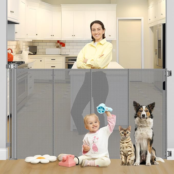 Reinforced 42" Tall X 80" Wide Retractable Baby Gate Extra Tall Cat Gate for Stairs No Sag Retractable Baby Gates for Doorways No Wrinkle Mesh Gates for Kids or Pets with Reinforced Strips, Gray