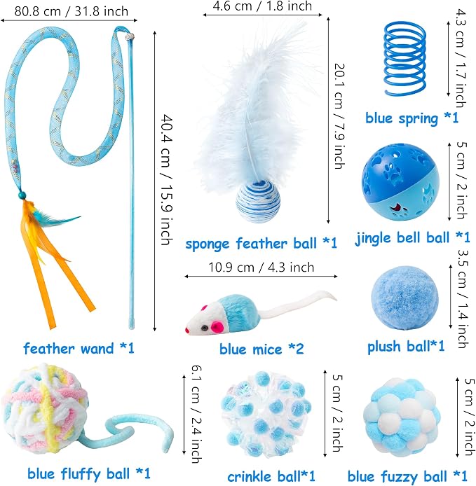 MALLMALL6 Cat Toy Set Interactive Cat Toys 10Pcs Pack Including Cat Springs Feather Teaser Wand Mice Crinkle Balls and Pet Bell Balls, Puzzle Interactive Pet Gift Pack Toys for Indoor Kitten (Blue) - Image 2