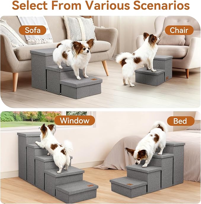 Zerbuger Dog Stairs 18" H, 3-Step Wider Dog Steps for High Beds Couch, Folding Storage Pet Stairs Gift for Small/Medium/Large Old Dogs Cats, Ramp for Climbing Car Up to 200 lbs, (Gray, with Condo)