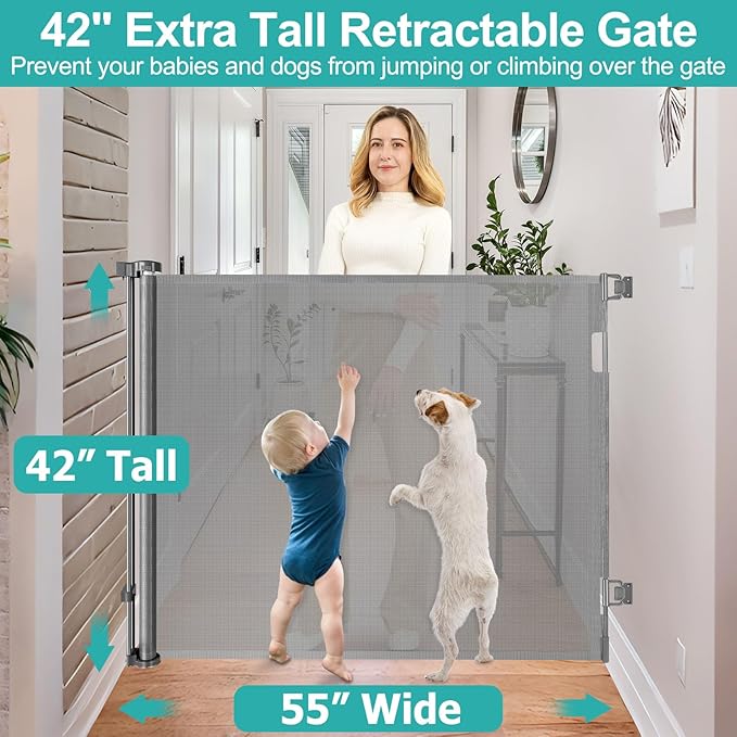 42 Inch Extra Tall Baby Gate for Stairs 55” Wide Retractable Anti-Scratch Mesh Gates for Kids or Pets Extra Tall Puppy Gates for The House One-Hand Operation Retractable Dog Gate for Doorway, Gray