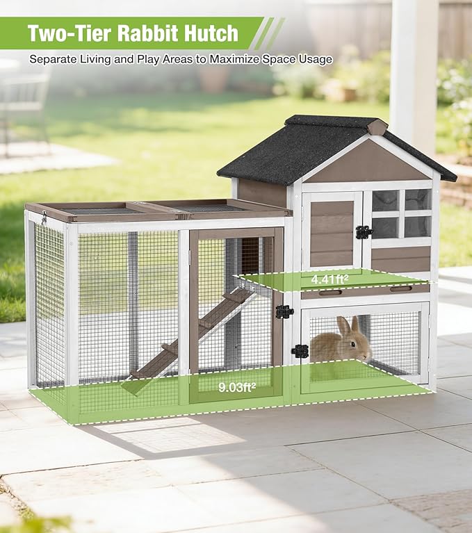 GUTINNEEN Rabbit Hutch Outdoor Rabbit Cage Indoor 51.6" L Waterproof Bunny Cage with Chew-Proof Ramp and Lockable Doors for Indoor Outdoor Use Brown