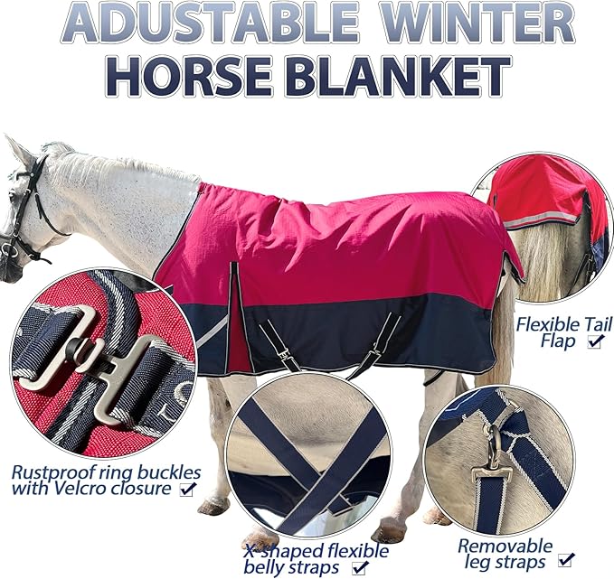 300g1200D Winter Waterproof and Breathable Horse Blanket Warm Turnout Blankets with Reflective Strips Design (Red/Blue, 69'')