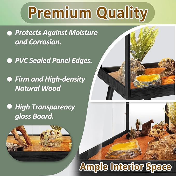PROLEE Reptile Enclosure with Leg, 82 Gallons Bearded Dragon Tank, Tempered Glass Lizard Tank with Metal Mesh Tops and Lockable Door, Spacious Reptile Habitat for Snake,Lizard (Black)