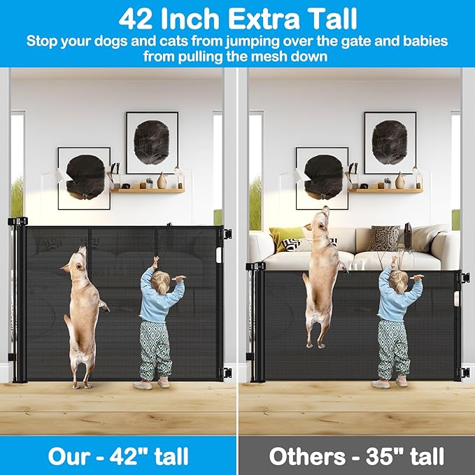 Reinforced 42" Tall X 80" Wide Retractable Dog Gate for Hallway Extra Tall Baby Gates for Dogs Indoor High Reinforced Bar Retractable Baby Gates for Doorways Extra Wide Pet Gate Outdoor, Black