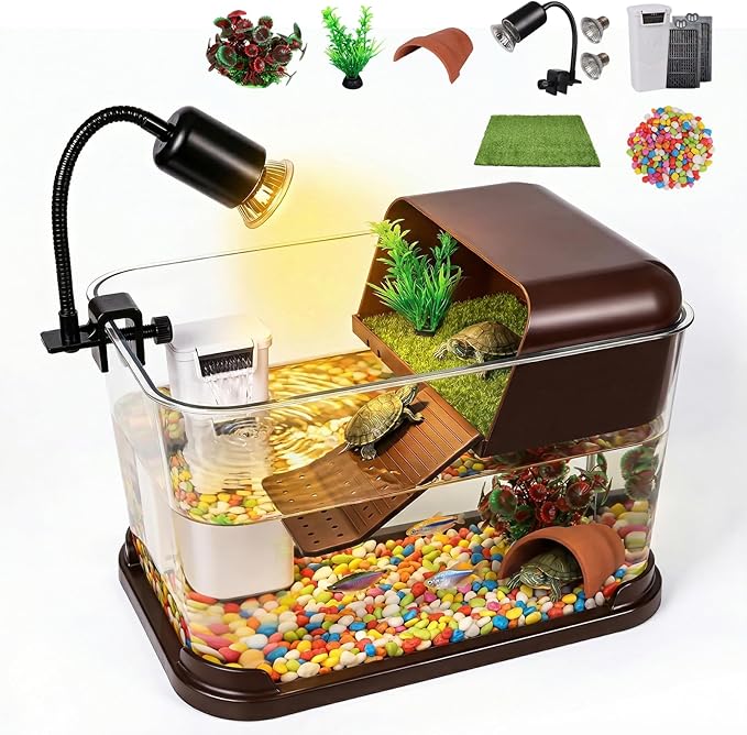 Turtle Tank Starter Kit, PC Turtle Tank Aquarium with Basking Platform, UVB Lamp, Filter, Plants, Feeding Ring - Habitat for Baby Turtles