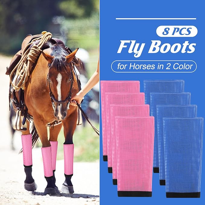 Set of 8 Mesh Fly Boots for Horse Breathable Mesh Horse Boots Protective Loose Wraps Adjustable for Preventing Legs Reduces Flies and Mosquitoes Bites(Blue, Pink,S)