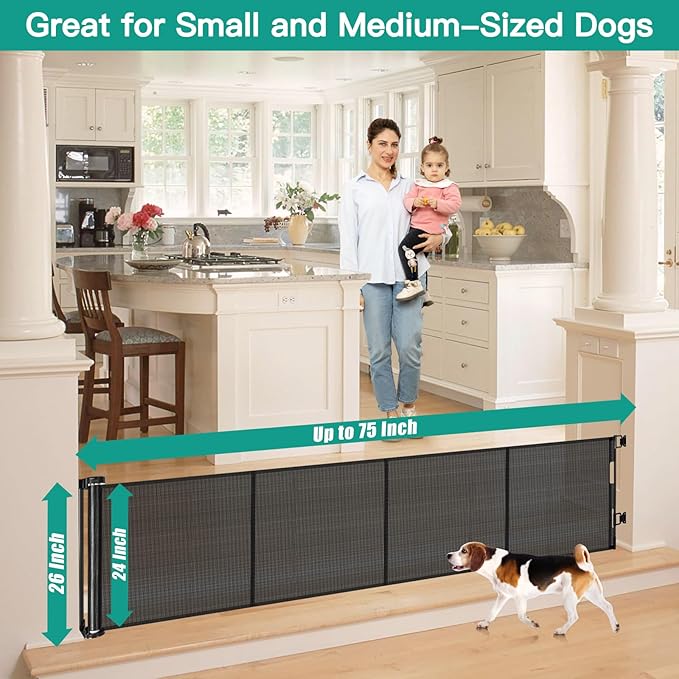 24 Inch Tall x 75 Inch Extra Wide Retractable Dog Gate for The House, Short Dog Gate to Step Over, Reinforced Mesh Puppy Gate for Doorways, Step Over Pet Gate for Stairs, Indoor/Outdoor, Black