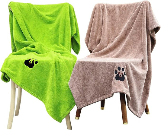 Dogvingpk Extra Large Dog Towel - Pack of 2 - Super Absorbent Soft Microfiber Pet Bath Grooming Towels for Drying Dogs and Other Pets (XL-55" * 36", Green and Brown)