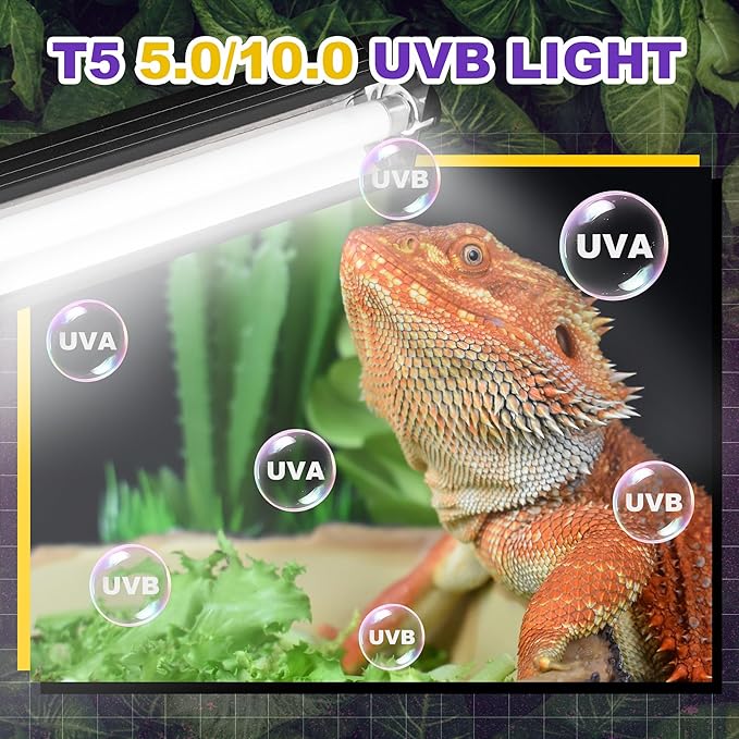 T5 HO UVB Lighting Combo Kit, Reptile Light Fixture with Fluorescent Light Bulbs, Tropical Light for Reptiles and Amphibians, Basking Light for Bearded Dragon, High Output Natural Light (24W 5.0 UVB)