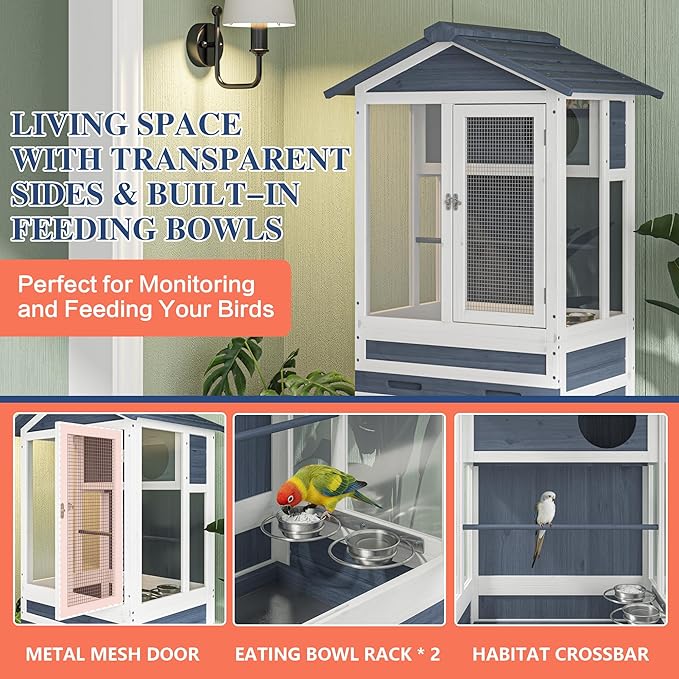 59" H Wooden Outdoor Bird Aviary on Wheels, Bird Cage with Storage & Pull-Out Tray for Small Birds, Finches, Parrots, Indoor Bird Cages with Feeder, Easy to Clean, Grey