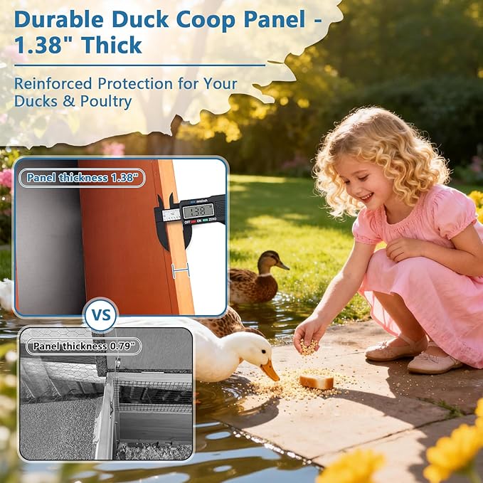 FunXplore Insulated Duck Coop Weatherproof Wooden Outdoor Warm Duck House for Outside Small Animal Pet Hutch with Larger Windows Openable Asphalt Roof Elevated Legs