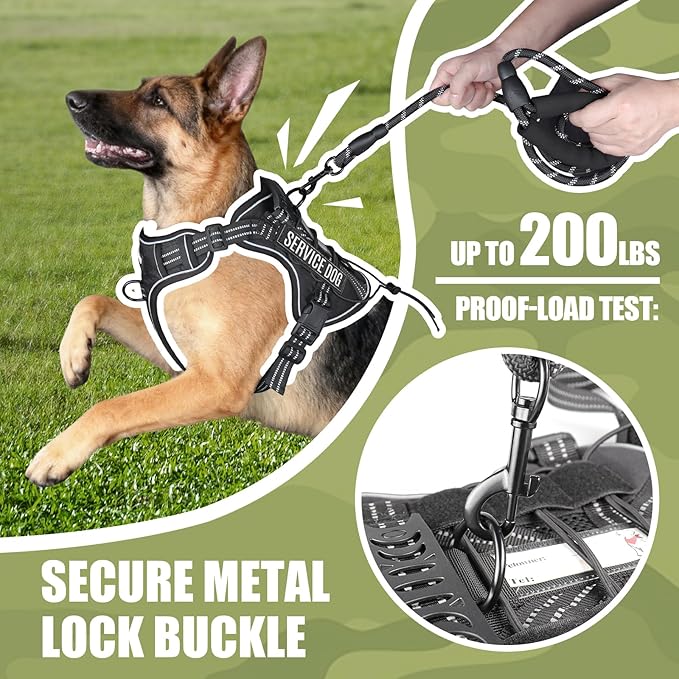 Service Dog Tactical Vest Harness and Leash Set Large Sized Dog Emotional Support- Tactical Dog Harness Training Collar with Name (Black, L)