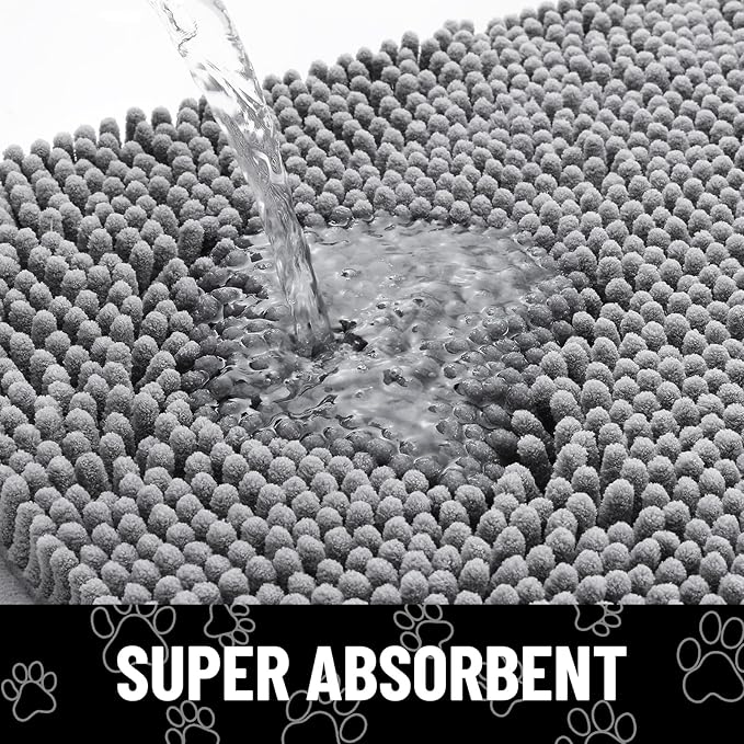 Smiry Dog Door Mat for Muddy Paws, Absorbent Dirt Trapper Non Slip Quick Dry Washable Chenille Mat for Mud Dogs, Entry Rug for Indoor and Outdoor (59x32 Inches, Grey and Black)
