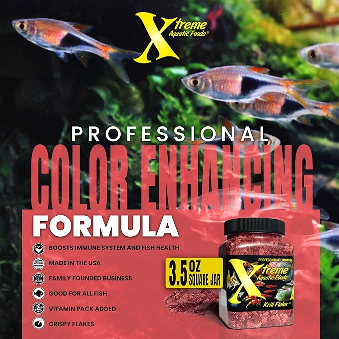 Xtreme Krill Flakes - Premium Max Protein Freshwater Fish Food with 100% Krill and Shrimp, & Vitamins for Optimal Immune and Digestive Health, Boosts Color & Energy – USA Farm Grown (3.5oz)