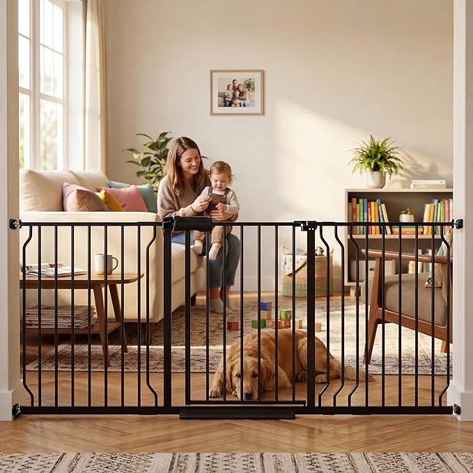62.2"-71.65" Extra Wide Auto Closing Baby Safety Gate for Stairs & Doorways, Pressure Mounted No Drill Pet Gate with Walk-Through Door - Heavy Duty Childproof Gate for Toddlers, Kids, Dogs