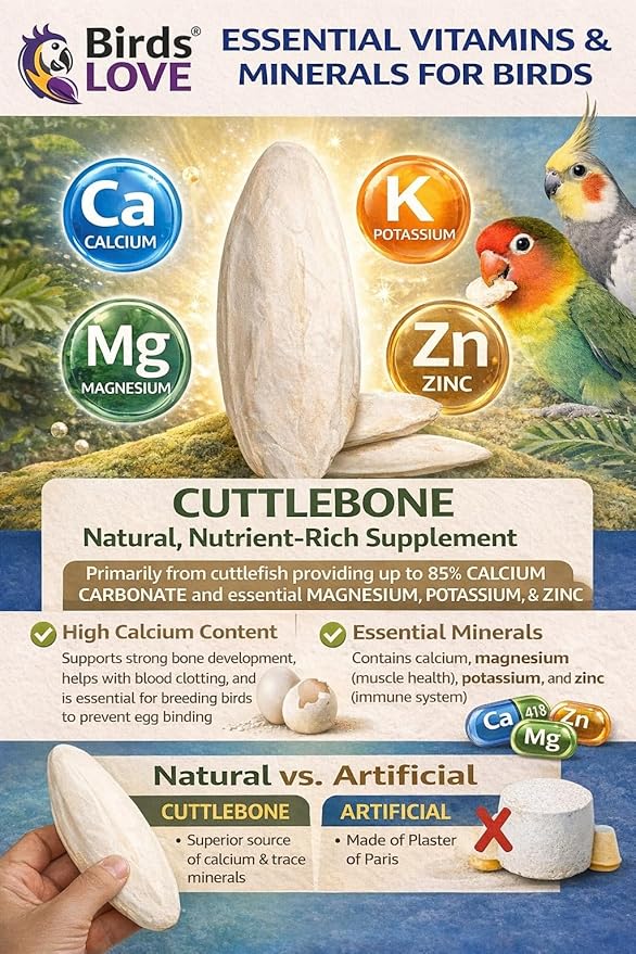 Birds LOVE 3.5-4″ Cuttlebones for Birds – 100% Natural Sun-Dried Calcium Carbonate Mineral Supplement – for Parakeets, Budgies, Cockatiels, Finches & Canaries – 4 lb with Holder – Made in Vietnam
