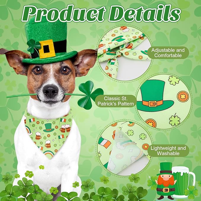 Sanwuta 50 Pcs St. Patrick's Day Dog Bandanas and Collar Bow Ties Set 25 Bandanas Bulk 25 Irish Shamrocks Clover Leprechauns Dog Collar Flower Adjustable Triangle Scarf Bowtie for Small Medium Large
