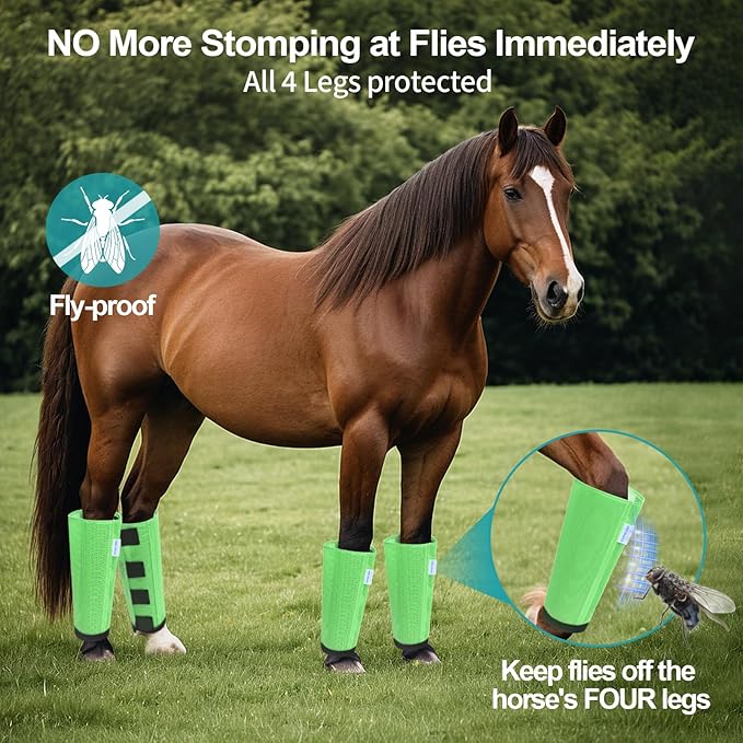 Mesh Horse Fly Boots Set of 4, Loose Fitting Leggings for Horses, Reduce Stressful Stomping, Breathable Adjustable and Universal Fit for 4 Legs, Reliable Stay Put (Green)