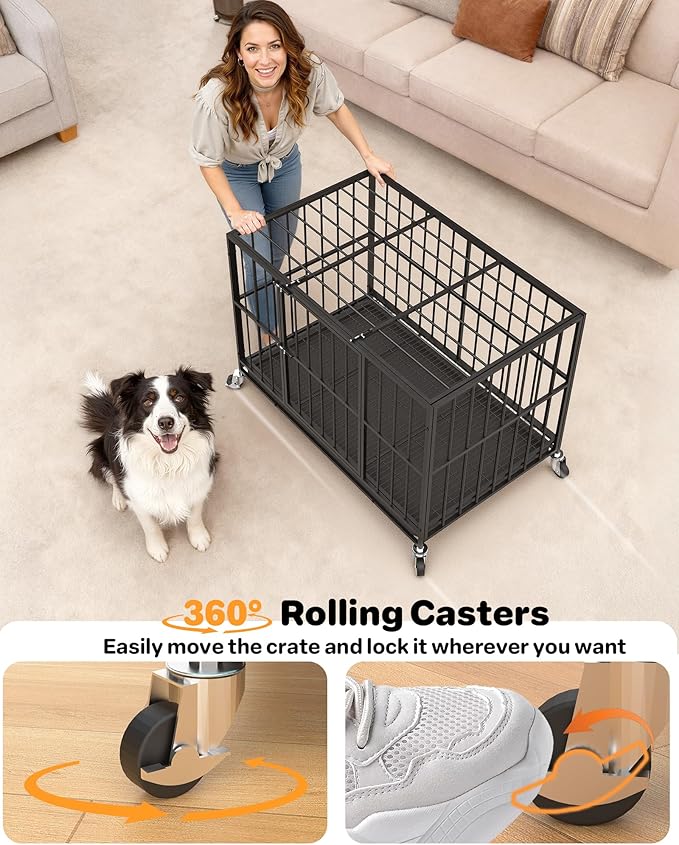 42 in Heavy Duty Dog Crate Steel Escape Proof, Indoor Double Doors and Lockable Wheels,Removable Tray, for Medium and Large Large Dog Breeds,XL