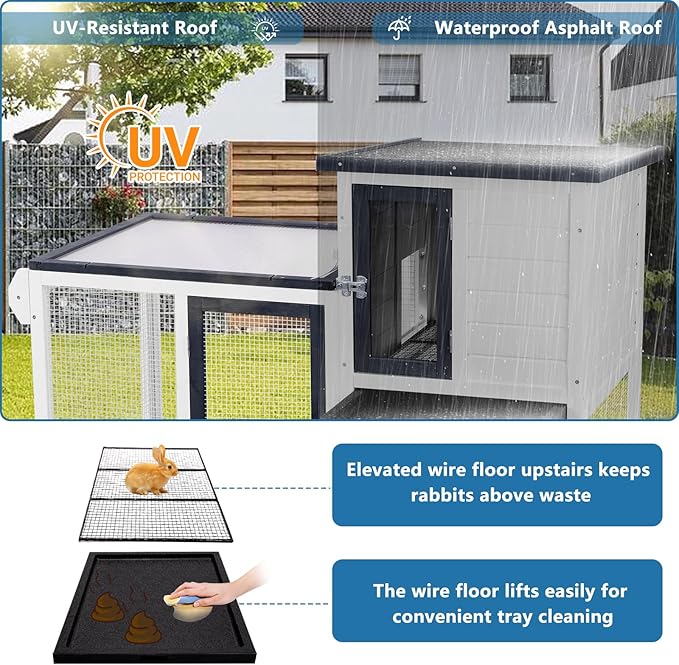 FunXplore Rabbit Hutch Indoor Bunny Cage Outdoor Chicken Coop with Wire Floor Slide Out Tray, Chew-Resistant Ramp & Entrance Openable Waterproof Roof & UV-Resistant Roof Handle Wheels