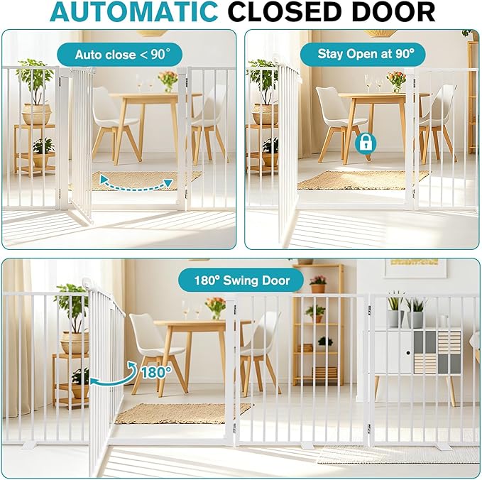 Snagle Paw Extra Wide Dog Gate,Free Standing Dog Fence with Door, Up to 208 Inch Wide Pet Gate with Support Feet for Stairs, Hallways, Doorways, Yard (White, 8 Panels)