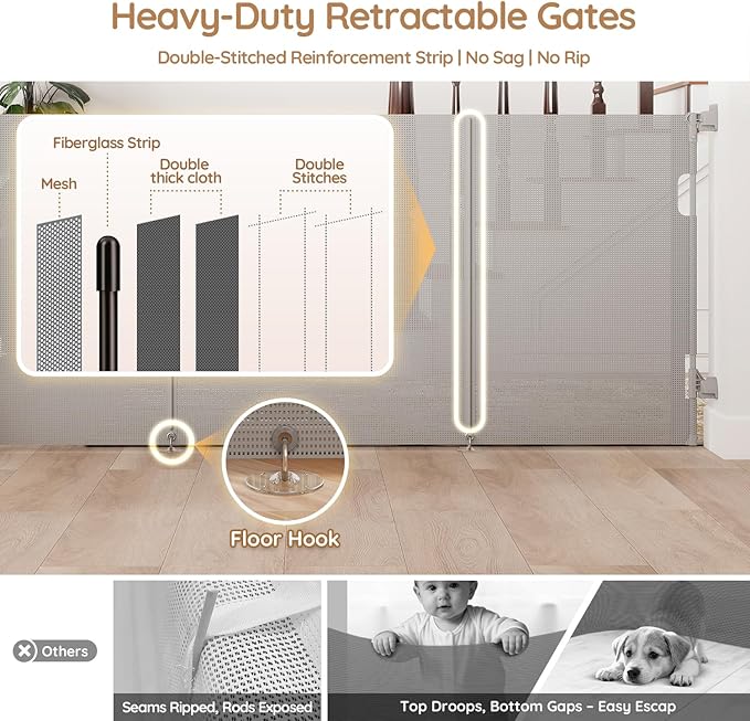 Miumoon One-Hand Operation Retractable Baby Gates, 200 inch Retractable Gate with Reinforced Strip Design to Prevent Crawling Through, 16 FT Outdoor Retractable Gates Extra Wide for Garage