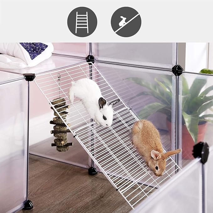 SONGMICS Guinea Pig Playpen with Dense Ramp, Indoor Rabbit Run Hutch Cage, Large Exercise Enclosure with Stairs, DIY Plastic Modular Fence for Hamster, Pet, Small Animals, White ULPC004W01