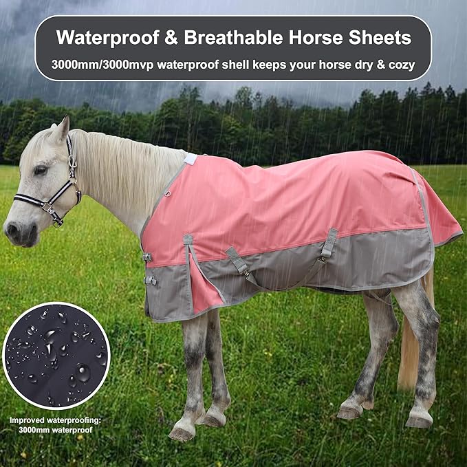 1200D Ripstop Waterproof Breathable Horse Blanket (0g No Fill), Lightweight Turnout Rain Sheet, Keeps Dry in Mud & Wet Weather Pinkgrey 72"