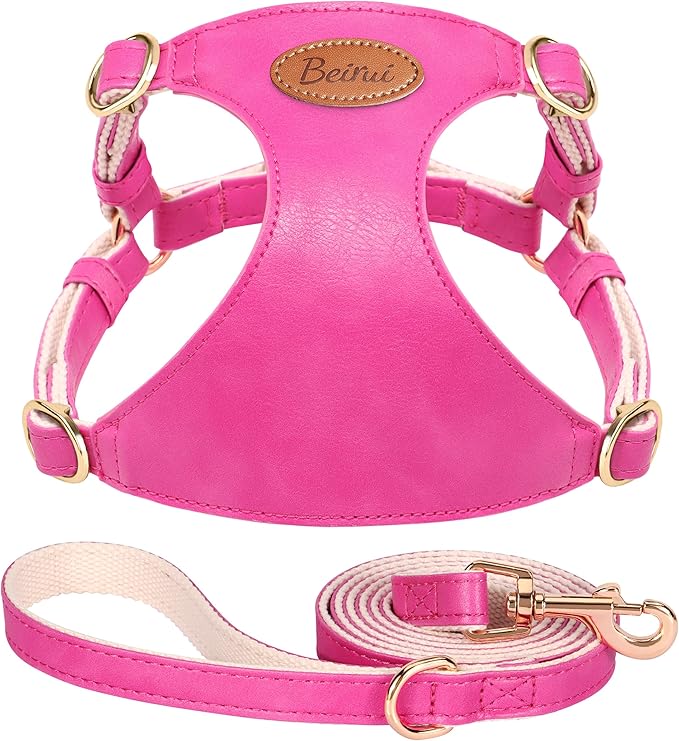 Beirui ‌Stylish PU Leather Dog Harness‌ and Leash Set for Small Dogs, ‌Adjustable Step in Dog Vest Harness with Breathable Mesh Lining and Durable Metal Buckle for Walking Traveling(Hot Pink,M)