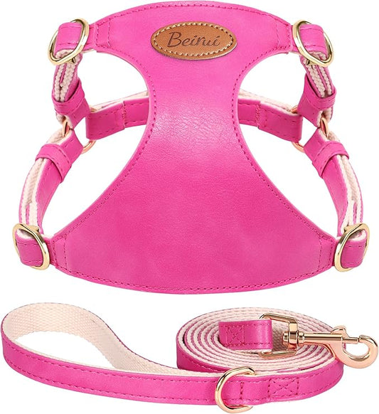 Beirui ‌Stylish PU Leather Dog Harness‌ and Leash Set for Small Dogs, ‌Adjustable Step in Puppy Harness with Breathable Mesh Lining and Durable Metal Buckle for Walking Traveling(Hot Pink,XS)