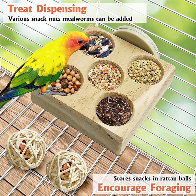 Hamiledyi Natural Wood Bird Playground Stand with 4 Large Layers - Exercise Perch and Wooden Foraging Puzzle Toys