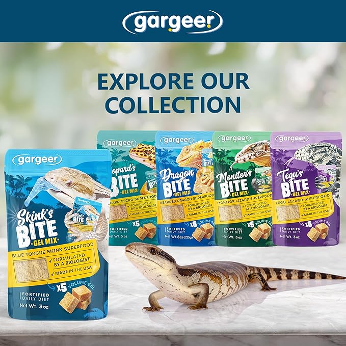 Gargeer 3oz Blue Tongue Skink Food. Complete Gel Diet for Both Juveniles and Adults. Proudly Made in The USA, Using Premium Ingredients, Fortified Gourmet Formula. Enjoy!
