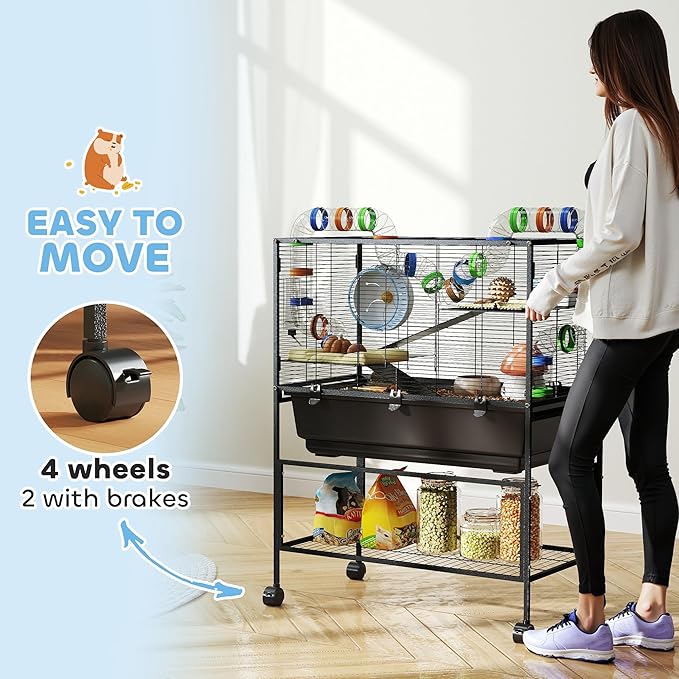 PawHut Large Hamster Cage with Deep Tray, 3 Tier Rolling Rat Cage with Storage Shelf, Big Exercise Wheel, Tube System, Hut, Platforms, Ramps, Food Dish, Water Bottle, for Syrian, Gerbil, Mouse
