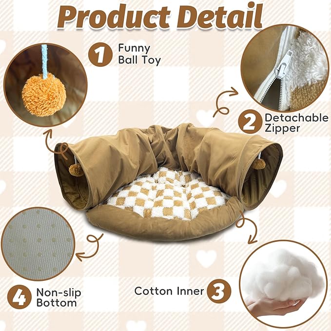 PINVNBY Large Bunny Tunnel Bed Removable and Cozy Guinea Pig Hideout Tunnel Washable Small Animal Tunnels Tube Toys Guinea Pig Accessories for Rabbit Chinchilla Hedgehog Ferret (Khaki)