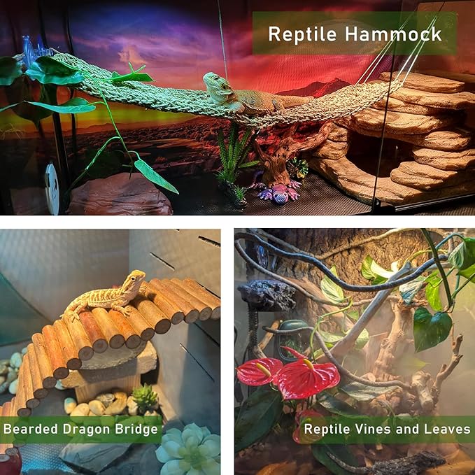 Bearded Dragon Tank Accessories, Reptile Mat Hammock Plants Bridge Jungle Climber Vines Terrarium Decorations for Leopard Gecko, Hermit Crab Lizard Snake (9 PCS Without Reptile Mat)