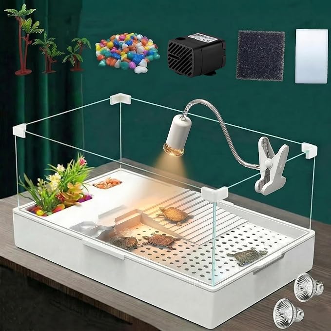 Small Turtle Starter Kit with Integrated Pump, Basking Light, Clear Acrylic 3-Layer Easy Cleaning Turtle Tank Aquarium for Small Reptiles