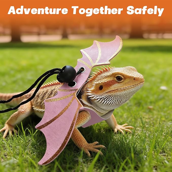 Dinosaur Wing Leash Harness for Bearded Dragons - 3-Size Adjustable Reptile Harness Set, Safe Escape-Proof Design for Lizards, Geckos, Iguanas & Small Pets (Pink)