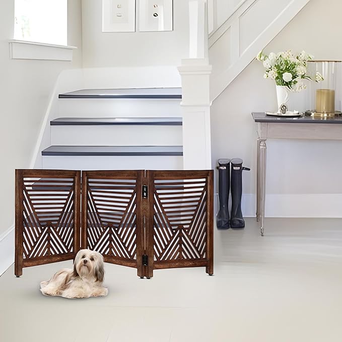 Lightnpro Geometric Wooden Dog Gate - Stylish Freestanding Foldable Indoor Pet Barrier, Extra-Wide Safety Gate for Dogs & Small Pets, Perfect for Stairs & Entryways - 24x54 Inch Natural Burnt Finish