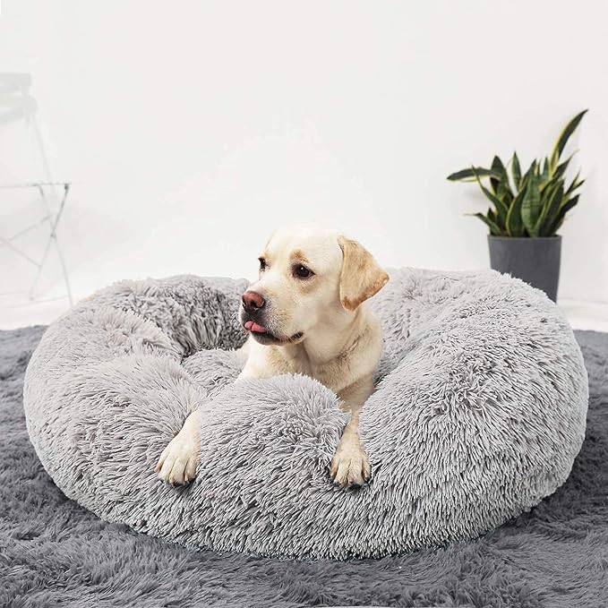 HACHIKITTY Calming Donut Cuddler Dog Bed, Round Fluffy Pet Bed for Large Dogs,Washable, Large, Gray, 30''