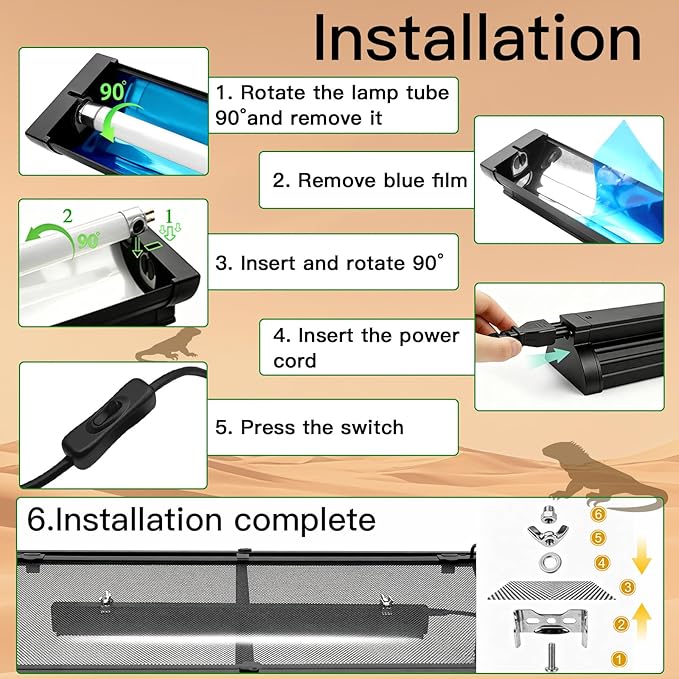 T8 UVB Reptile Light Fixture HO UVB Bulb Lighting Combo Kit, 10.0 UVB Light for Reptiles Terrarium Hood UVA UVB Desert Lamp for Bearded Dragon Turtle Tank (T8 20W 24Inch)